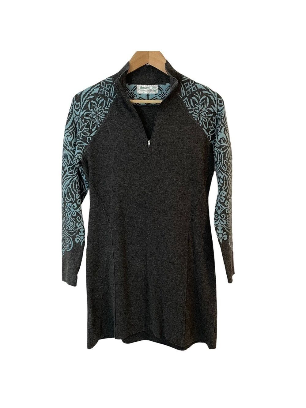 Aventura Long Sleeve Sweater Dress Sz XS Grey Blue Floral Knit Wool Turtleneck